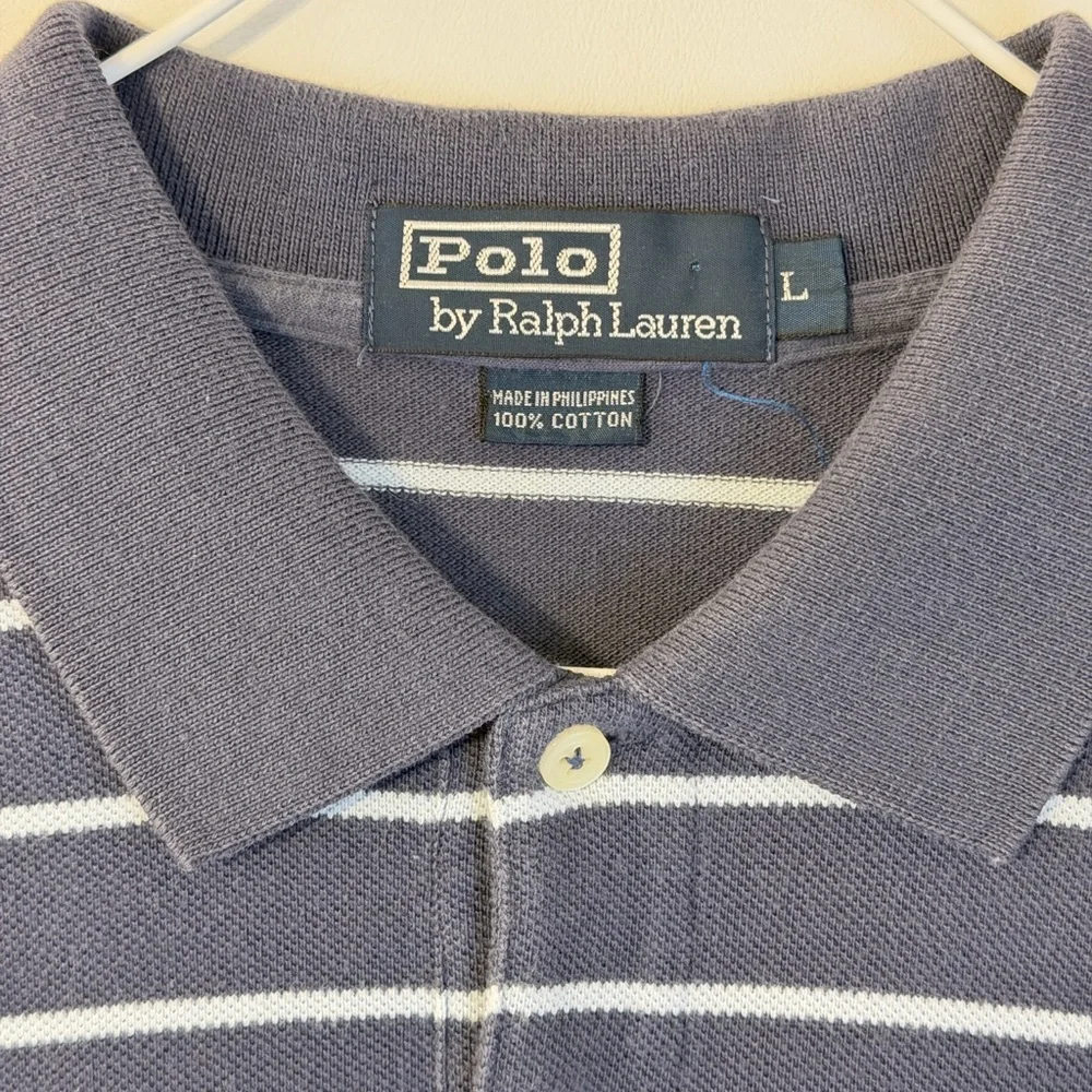 Vintage Ralph Lauren Men's Polo in Navy and White Striped Golf Shirt Large
